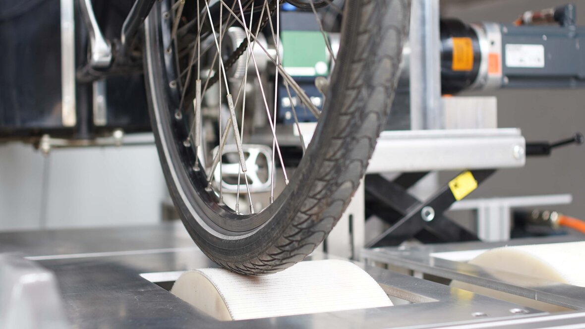 Close-up of a wheel on the brake tester