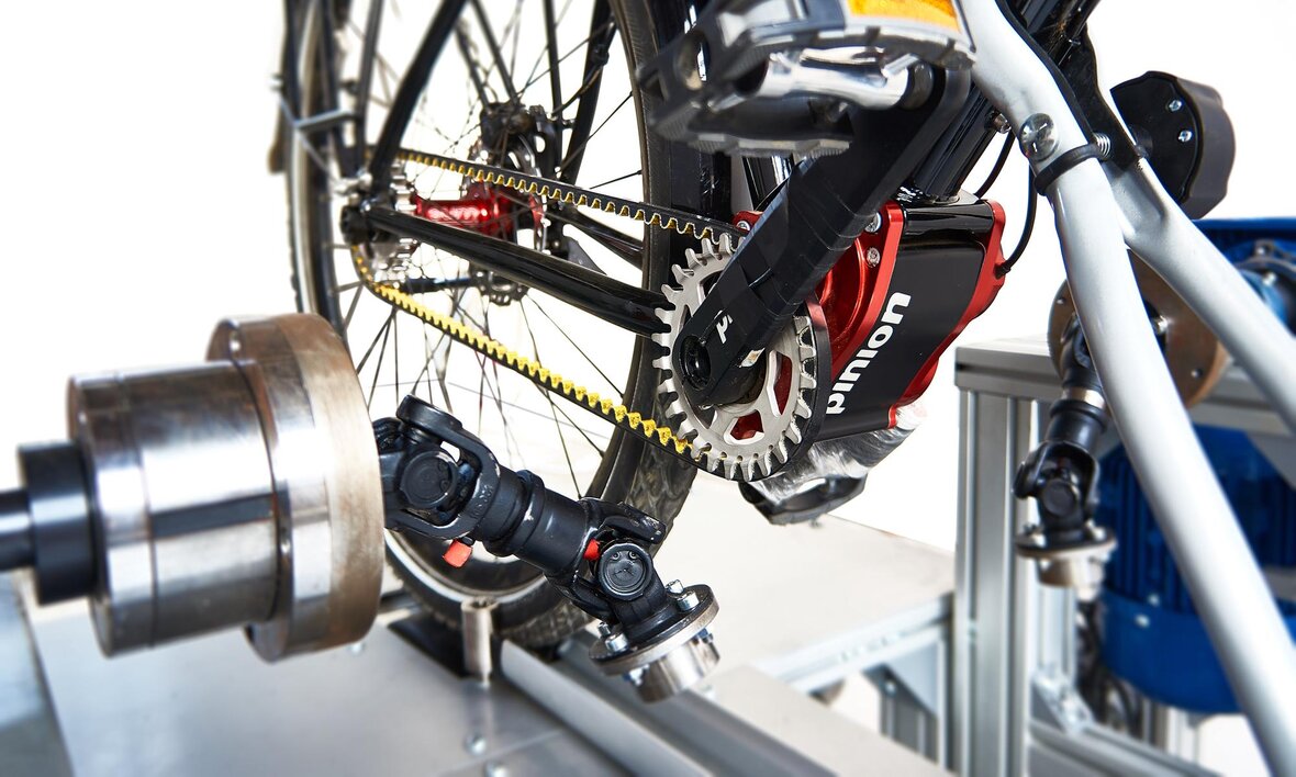 Close-up of bicycle on e-bike test stand